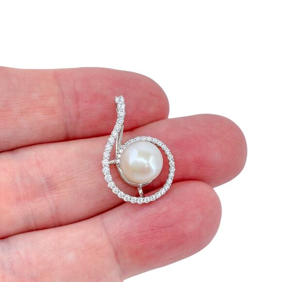 Elegant Pearl Pendant | Sterling Silver CZ Accent Swirl Jewelry - Picture 1 of 7